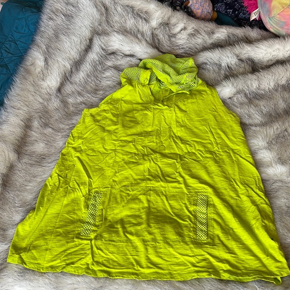 Neon yellow tank top hoodie with mesh hood, and pocket